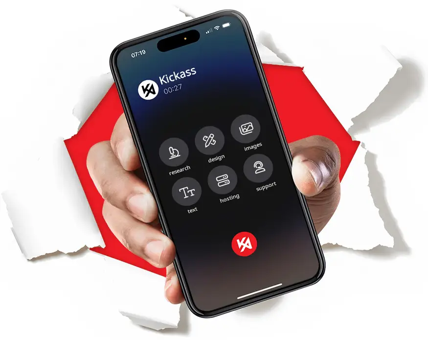 Hand holding smartphone bursting through page displaying icons for web design services like market research, unique design, images, content, hosting, and support
