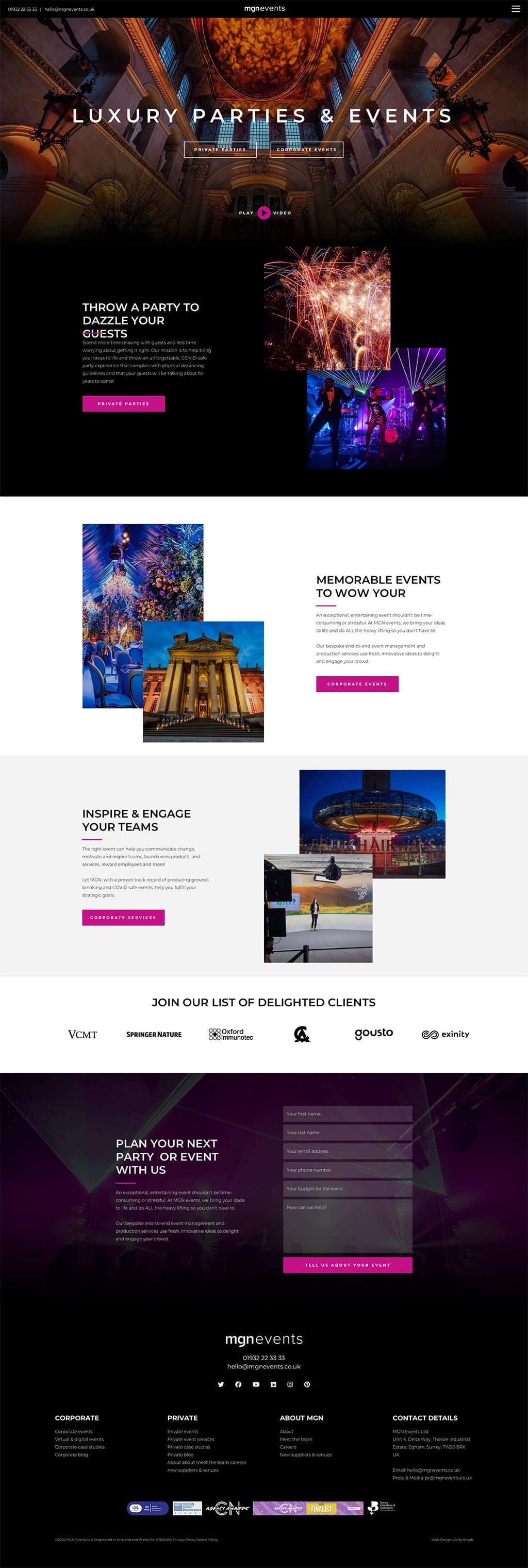 Screenshot of homepage for event company website